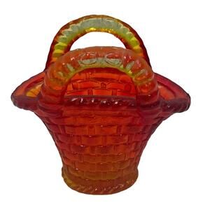 Vintage Smith Hand Crafted Orange Yellow Glass Trinket Flower Basket w Handles